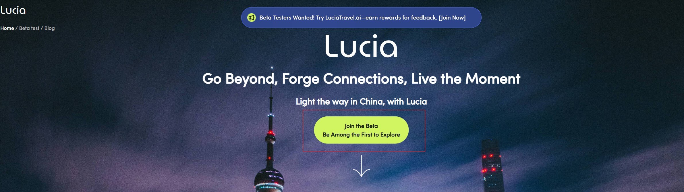 Homepage hero with red ‘Join Beta’ button near top.