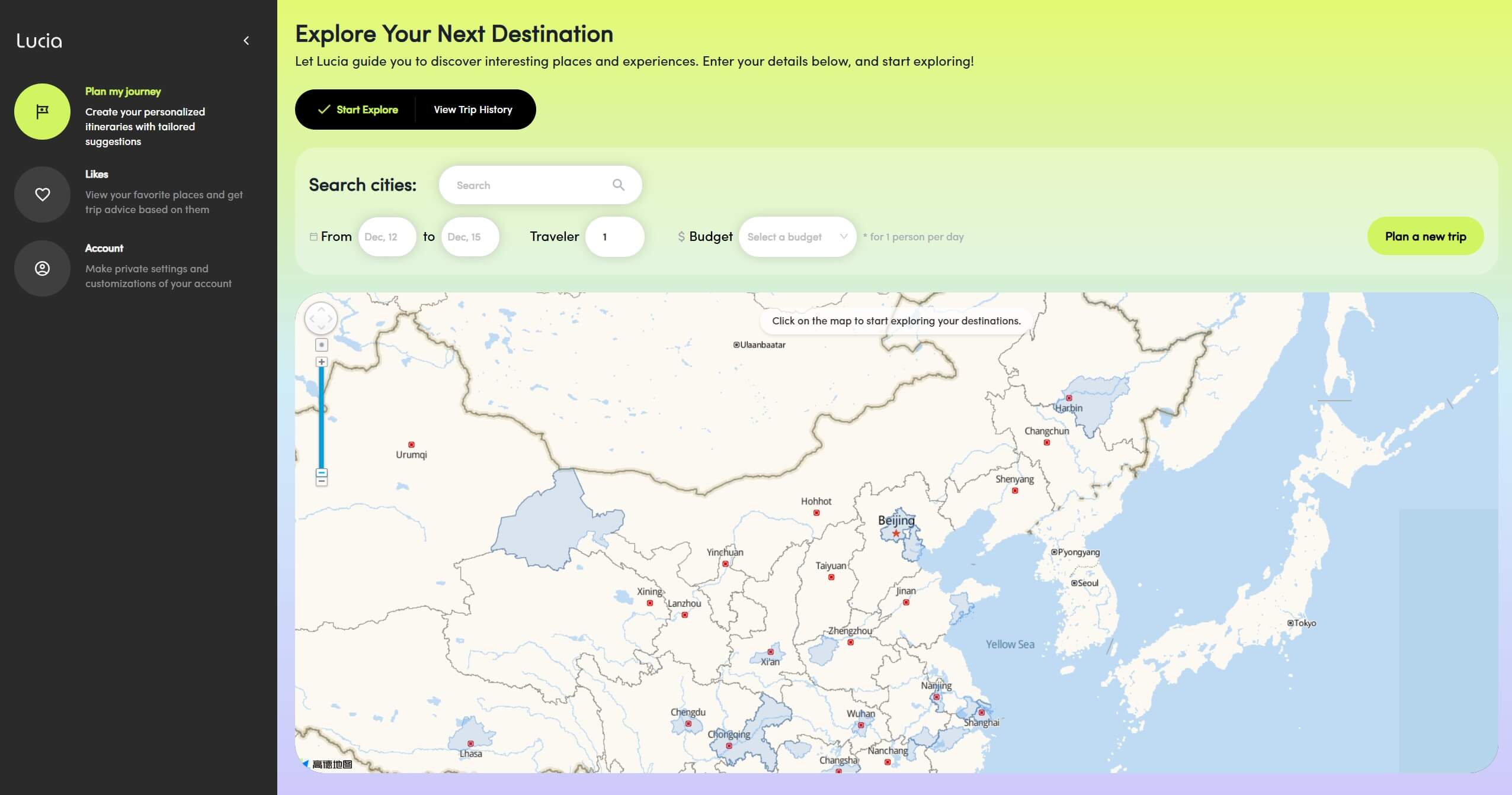 Lucia Travel AI dashboard showing itinerary options.